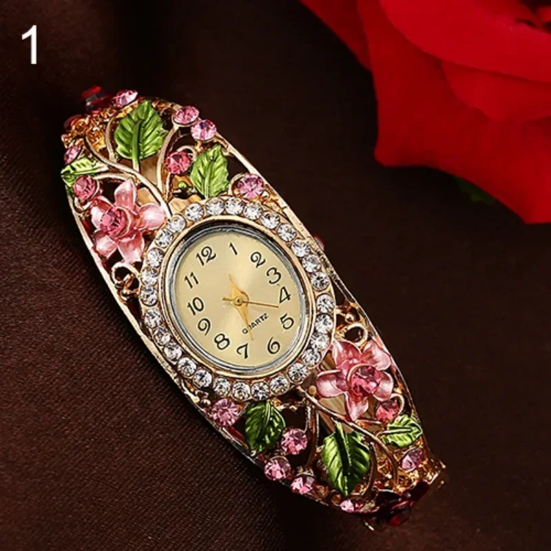 Women Lady Beauty Crystal Colored Alloy Flower Bangle Bracelet Gold Watch Analog Quartz Classic Dress Wristwatch Fashio