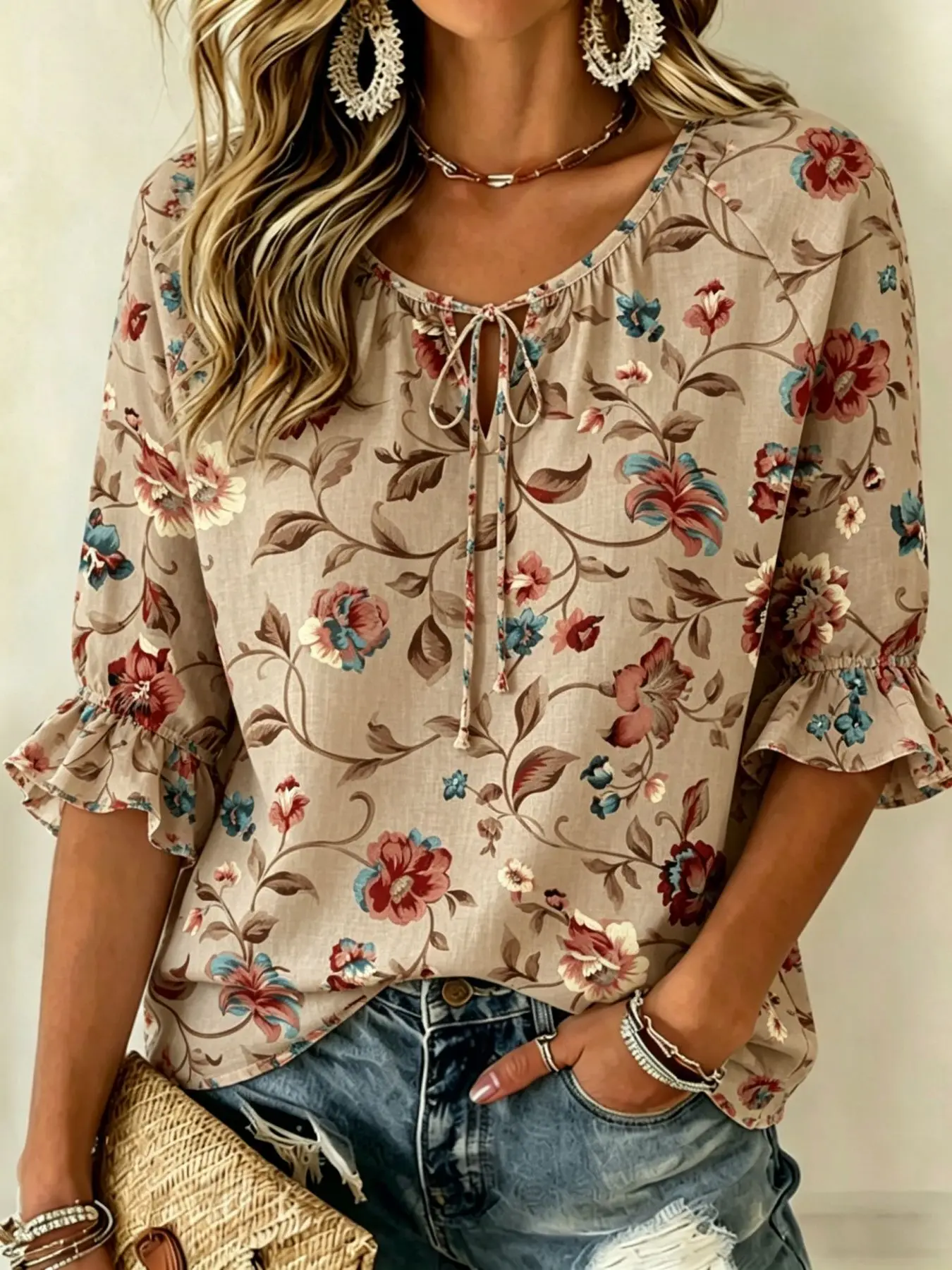 

Women's Beige Multicolor Floral Print Tie Neck Blouse, Casual Loose Tops for Spring Summer Daily Wear & Vacation Occasions