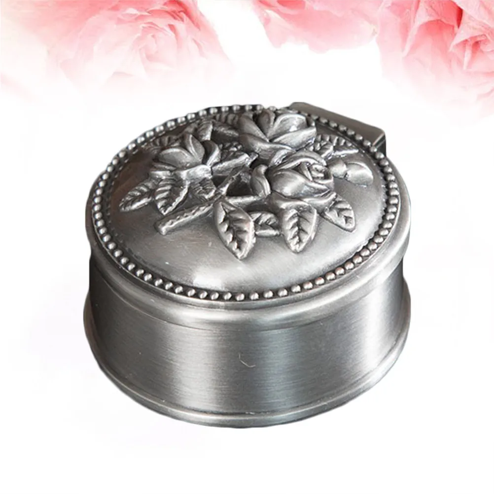 

Vintage Trinket Box Alloy Jewelry Storage Container with Hinged Lid Rose Flower Pattern Elegant Decorative Organizer for Rings