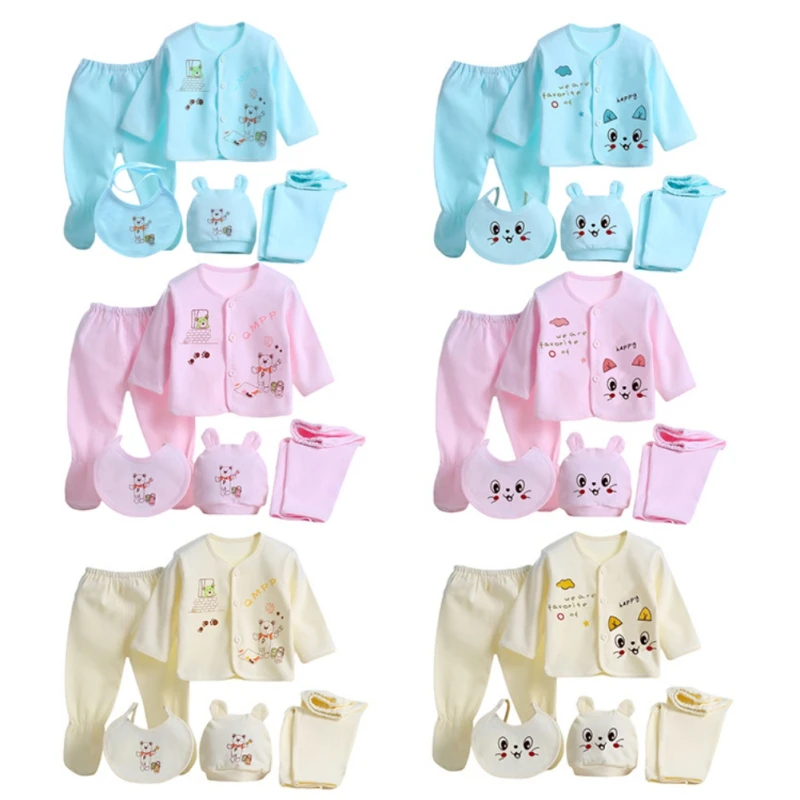 Newborn Baby Summer Pure Cotton Skin-friendly Breathable suit Long Sleeve Printed Dan\'pai Top Solid Color Trousers Hat Bib suit