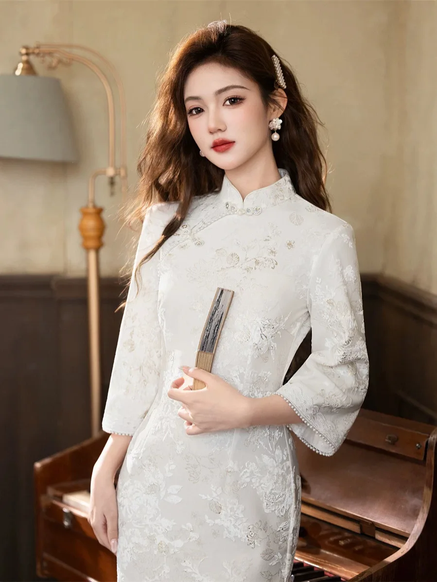 Three Quarter Sleeve Qipao Women Embroidery Elegant Chinese Dress Mandarin Collar Cheongsam Long Soft Luxury Vestidos Dress