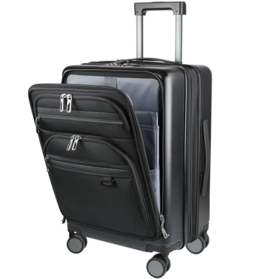 

20 Inch Hardside Expandable Carry On Luggage with Wheels Black Airline Approved Front Business Pockets TSA Lock USB Port Suitab