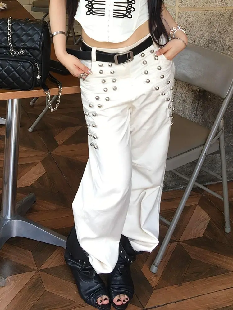 American hot girl retro metal buckle design jeans for women's summer street loose and versatile casual floor-length trousers