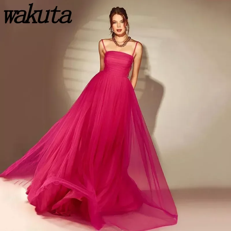 

Wakuta Vintage Women's Fuchsia Tulle Evening Dresses Spaghetti Strap Sleeveless Pleat Prom Vestidos Wedding Party Gowns for 2024