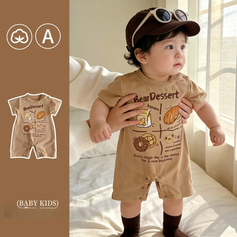 ZOETOPKID Newborn Baby Summer Rompers Casual Coffee Bread Print Jumpsuit Cute Toddler Short-Sleeve Cozy Outdoor Onesie