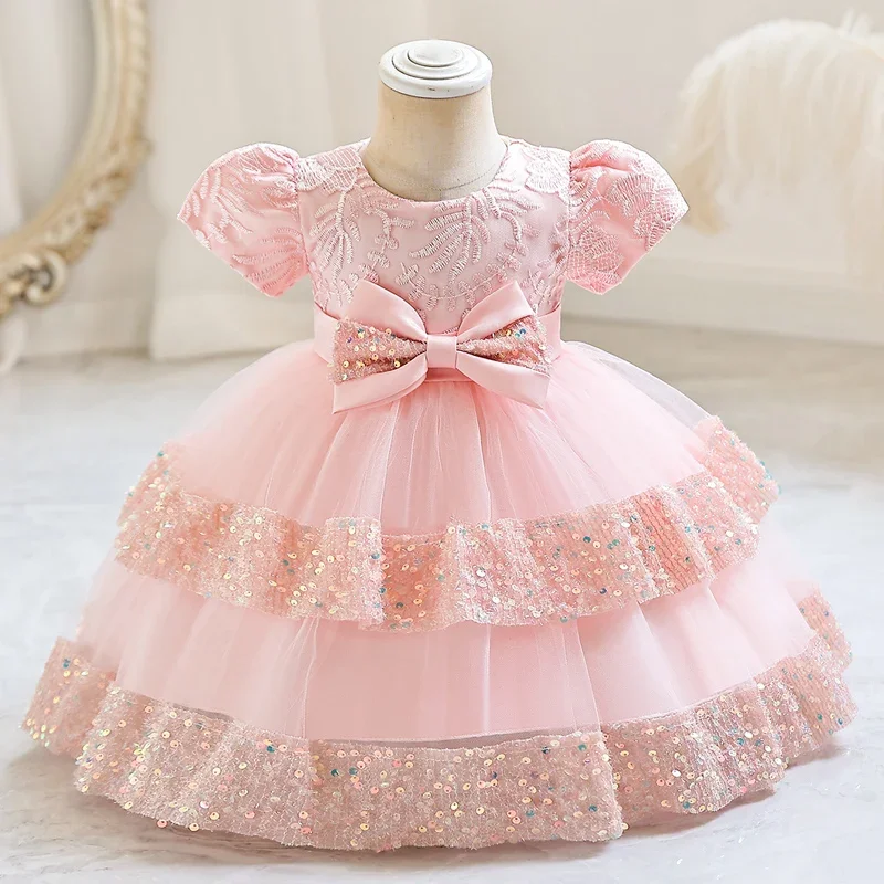 Robe de princesse à sequins pour enfants, robe à fleurs, nœud, style courtois, manches courtes bouffantes, pompadour, spectacle pour enfants, petit enfant, # M7606