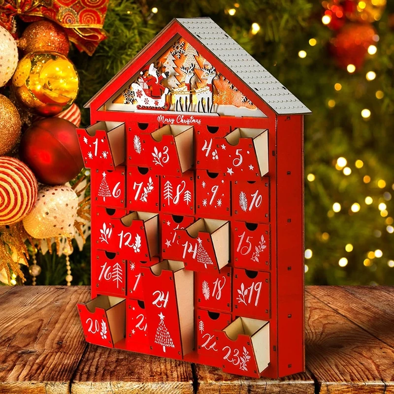 2024 New Village Christmas Red Wooden Advent Calendar House with LED Light 24Storage Drawer Xmas Countdown Candy