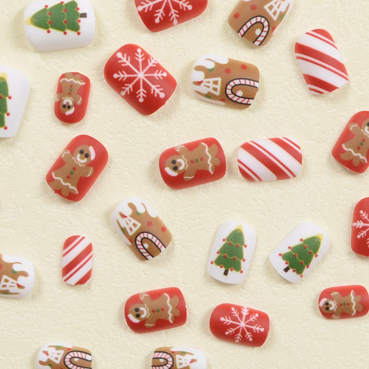 Press-On Nails Set - Christmas Collection with Frosted Cute Cartoon Gingerbread, Christmas Tree, Snowflake & Candy Cane Designs