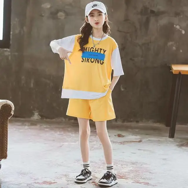 

Kids 2024 Summer Letters Girls Clothes Short Sleeve T-SHIRT Sets + basketball pants Kids Sports teens 6 7 8 9 10 11 12 Years