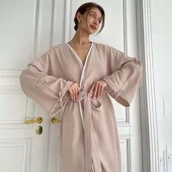 Autumn New France Pajamas for Women Cotton Comfort Home Nightgown With Belt Solid Color Long-sleeved Leisure Lady Night-robes