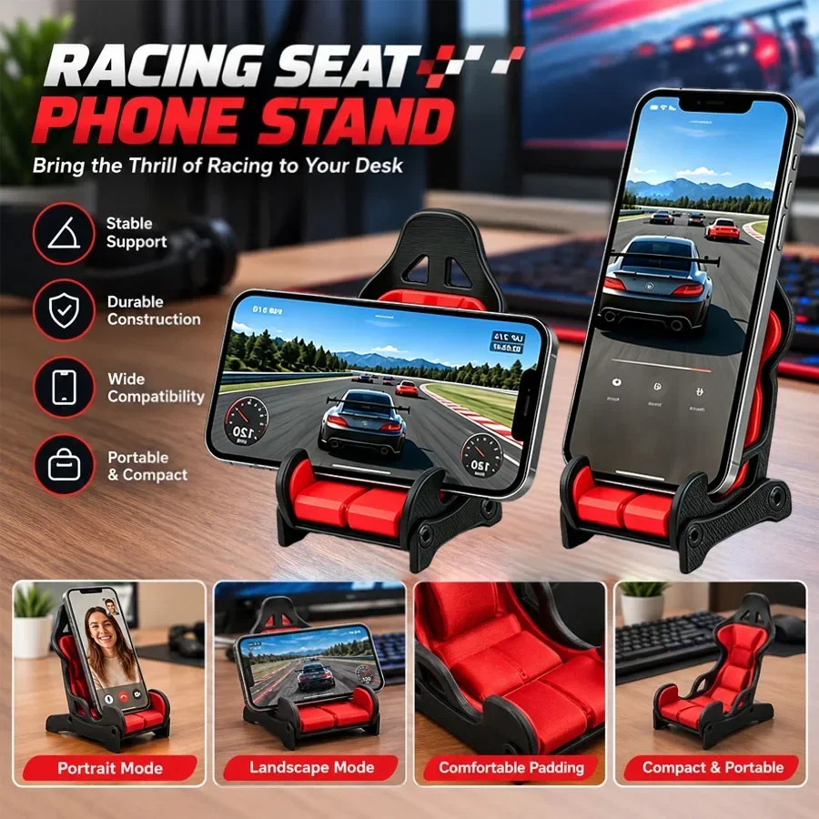 1Pc Cool Racing Seat Shape Phone Stand, Vertical Horizontal Universal Smartphone Holder Stable for Gaming Movies Desktop Daily
