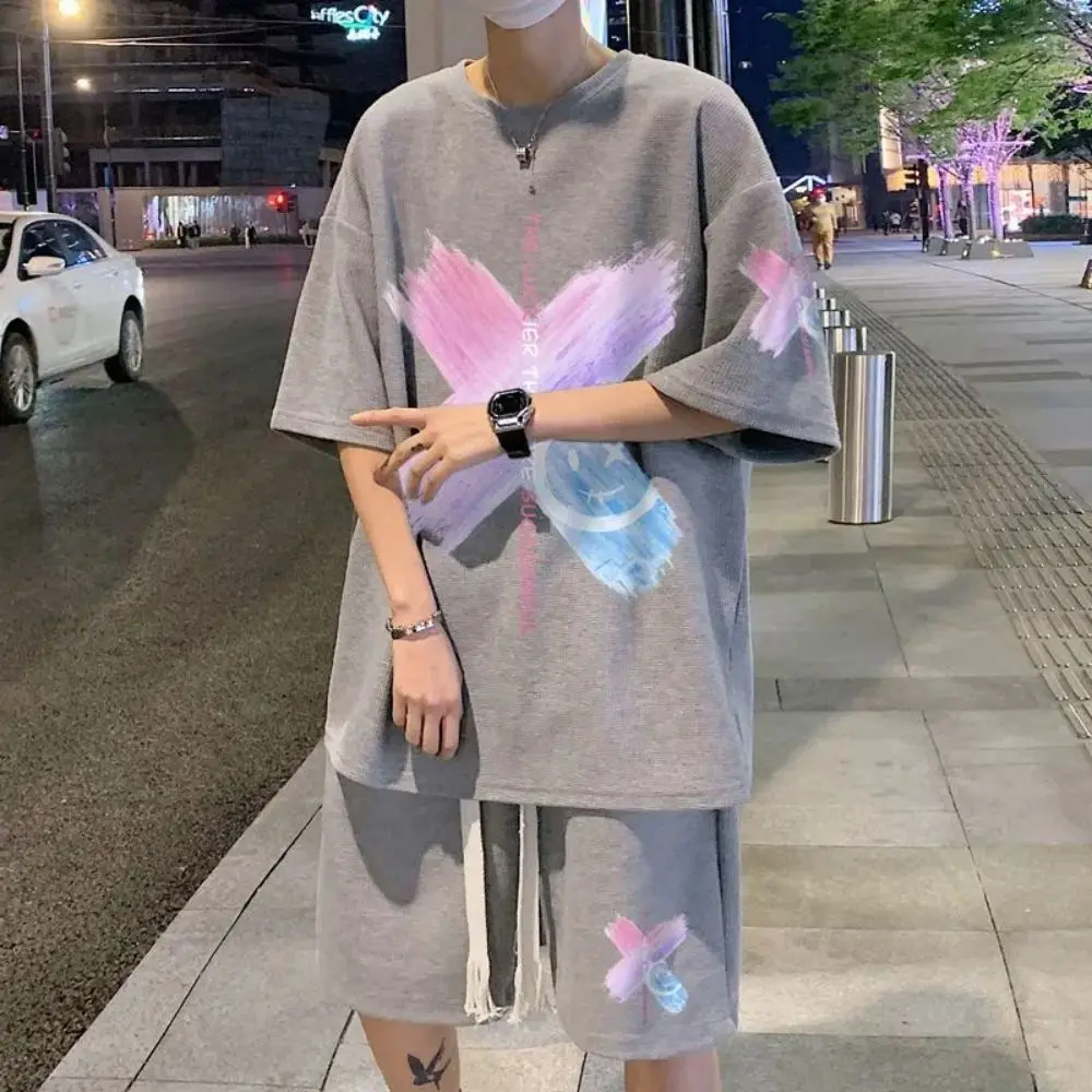 M-5XL Men Print Half Sleeve Harajuku Casual T-shirt Set Graffiti Streetwear Oversize Male Hip Hop Tees Top Suit