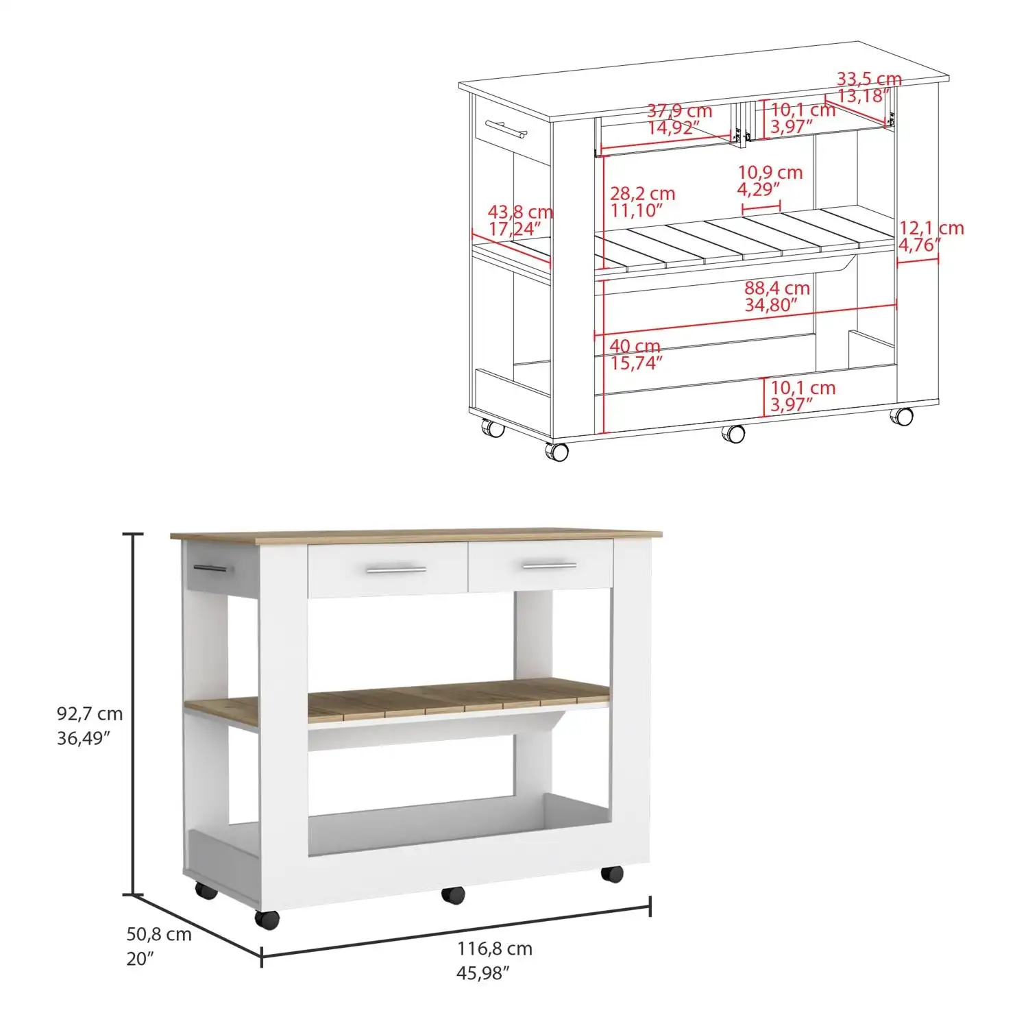 Cala Kitchen Island 46,  Six Casters, Two Drawers, Lower Open Shelf  White / Light Oak