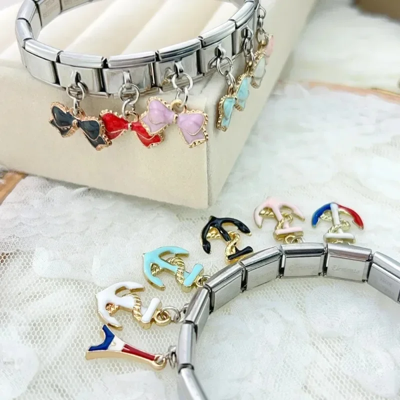 2024 Popular Bow Anchor Pendant Elastic Charm Italian Links Fit 9mm Modular Bracelet Making DIY Jewelry bulk image 3