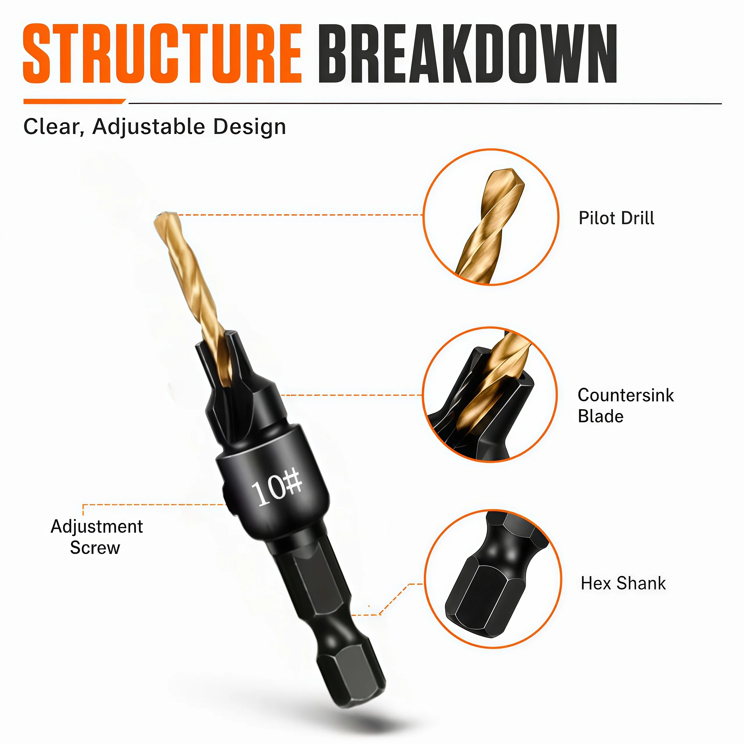 5Pcs Adjustable HSS Countersink Drill Bit Set Hex Shank 5#-12# Wood Aluminum PVC Chamfer Screw Hole DIY Woodworking Tool