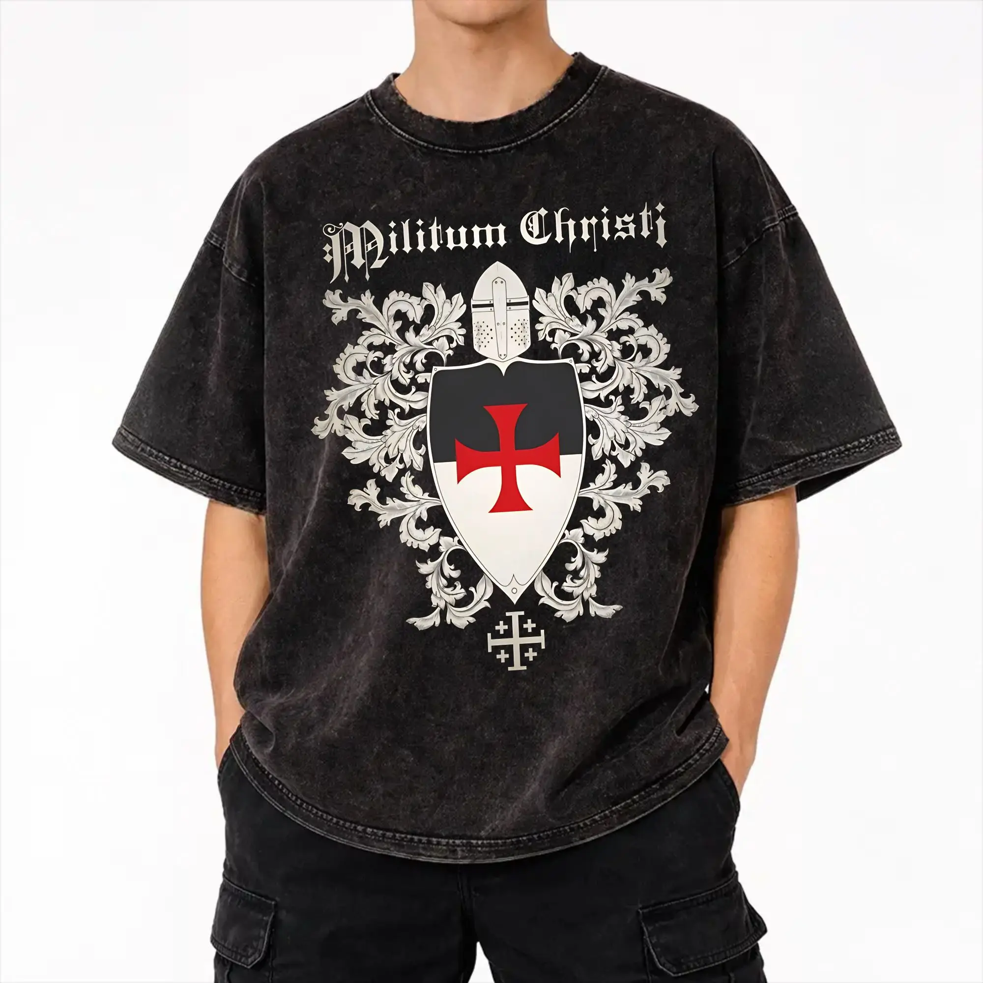 Templar Cross Knights Accessories Washed T Shirts for Men Women Streetwear Hip Hop T-Shirt Summer  Tee Shirt 100% Cotton