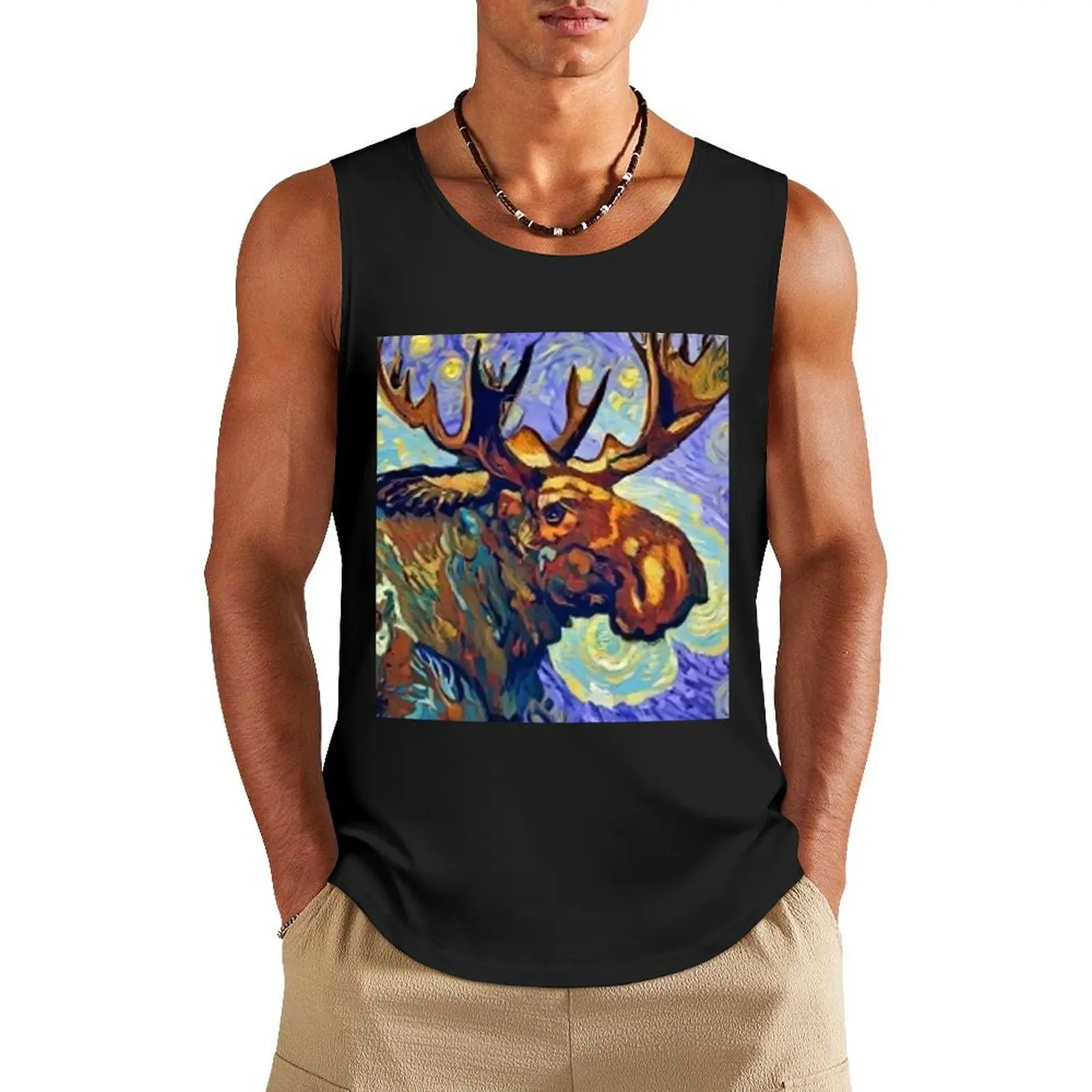 

Funny Moose in Van Gogh Style Art Tank Top sleeveless gym shirt man fitness bodybuilding man