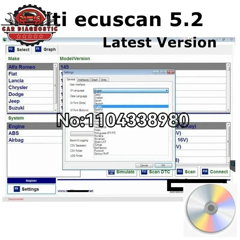 Multi EcuScan 5.2 Register Work With ELM327 Latest Version For OBD2 Diagnostic Tools Multi ecuscan Software For Fiat Connector