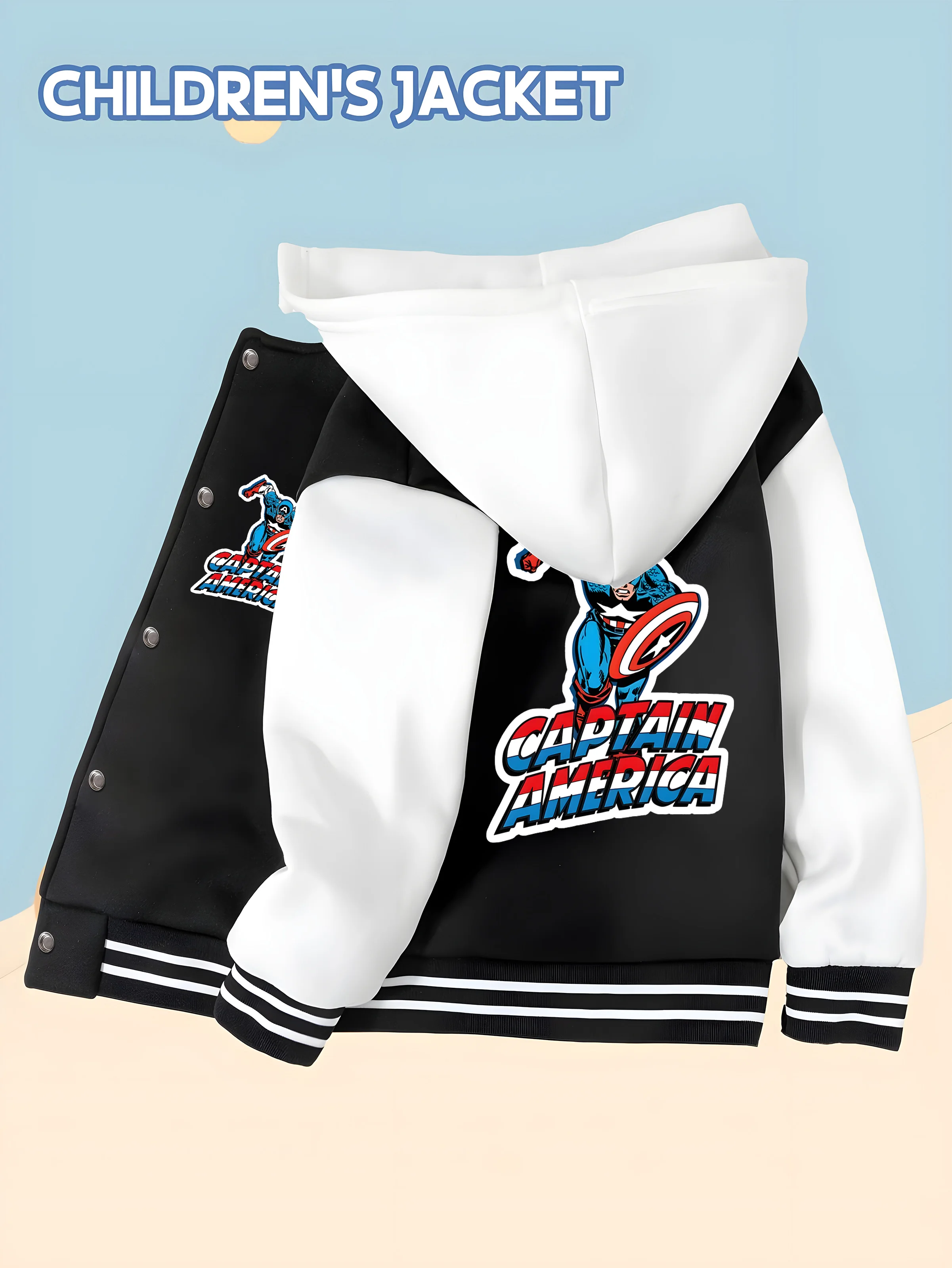 

MINISO Baseball hooded Jacket - Captain America classic image, double-sided pattern design, soft and comfortable fabric, fashion