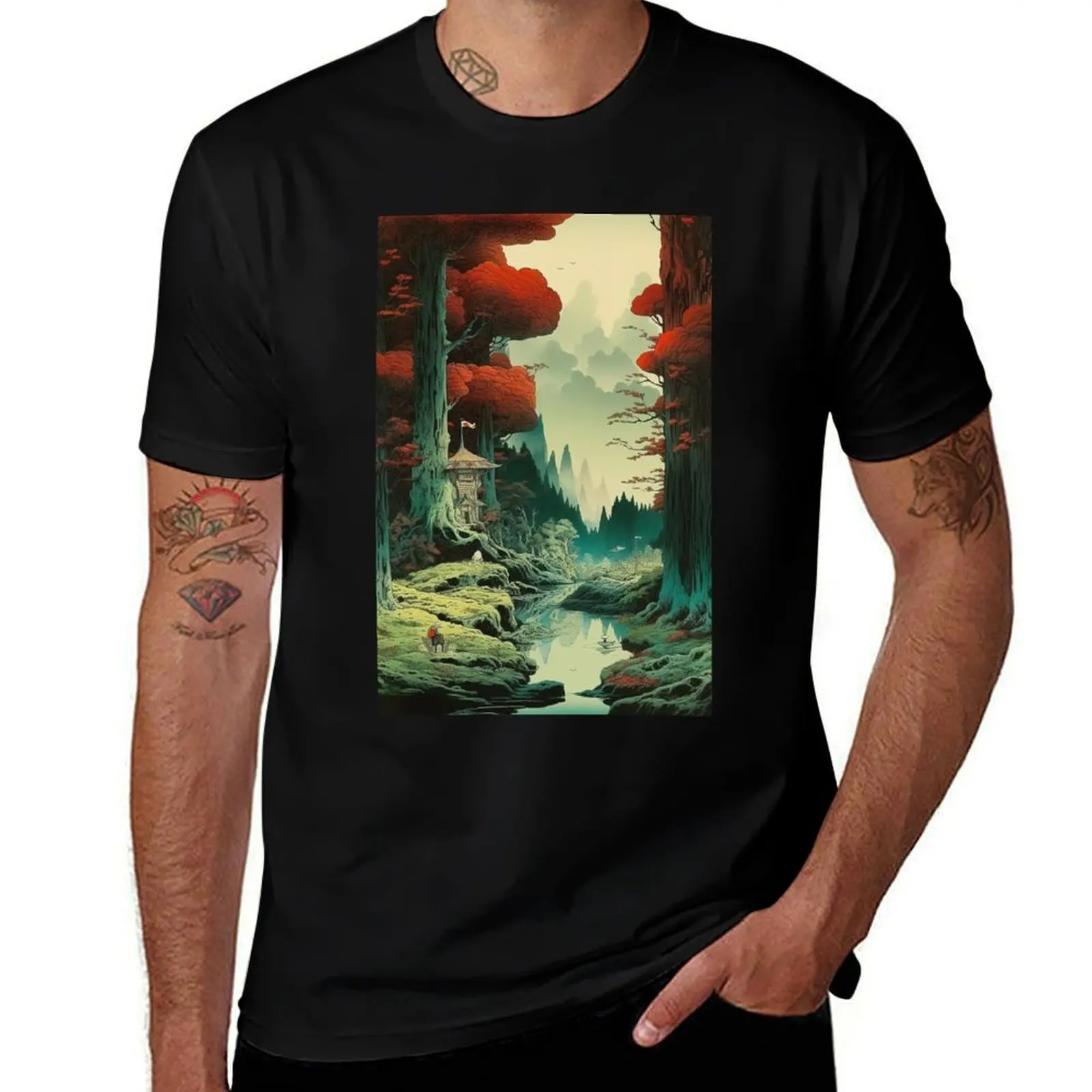Enchanted Woods: Intricate Comic-Style Forest Art Print T-Shirt man t shirts for men casual T-Shirt