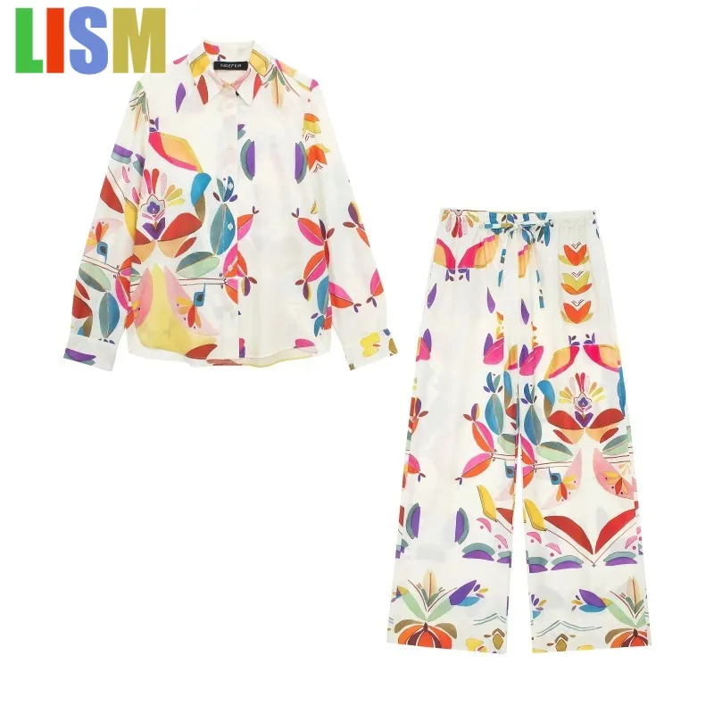 

LISM 2025 winter woman outfit Vintage Casual Print Suits Fashion Streetwear Poplin Collar Shirts+Chic Elastic Waist Pants