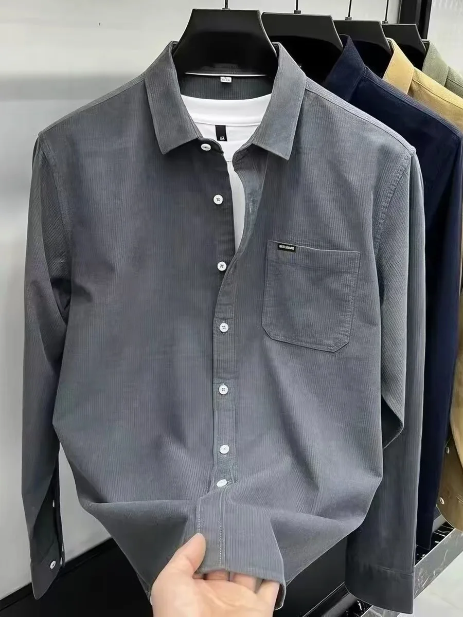 Retro Corduroy Long Sleeve Shirt Men's Casual Versatile Loose Fit Button up Cardigan Style Standard Cut Warm Non-Ironing Shirt