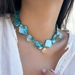 Boho Gold Color Metal Scallop Pendant Necklace 2024 Women's Simple Blue Stone Bead Bead Bead Girl Fashion Beach Jewelry