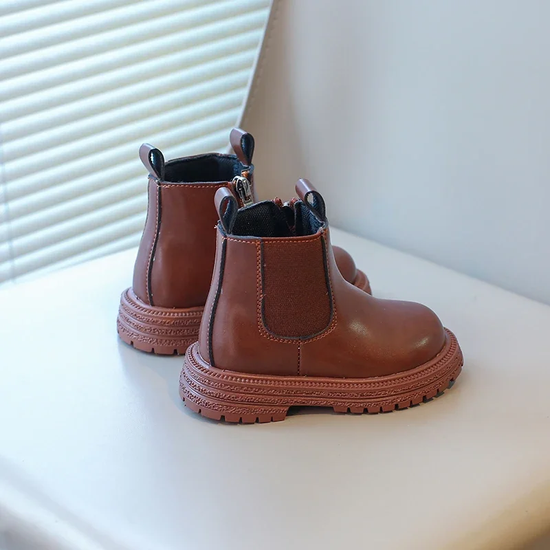 

Fashion Boy Girl Short Boots Non-Slip British Children's Side Zipper Design Single Leather Botas Anti-skid baby girl shoes