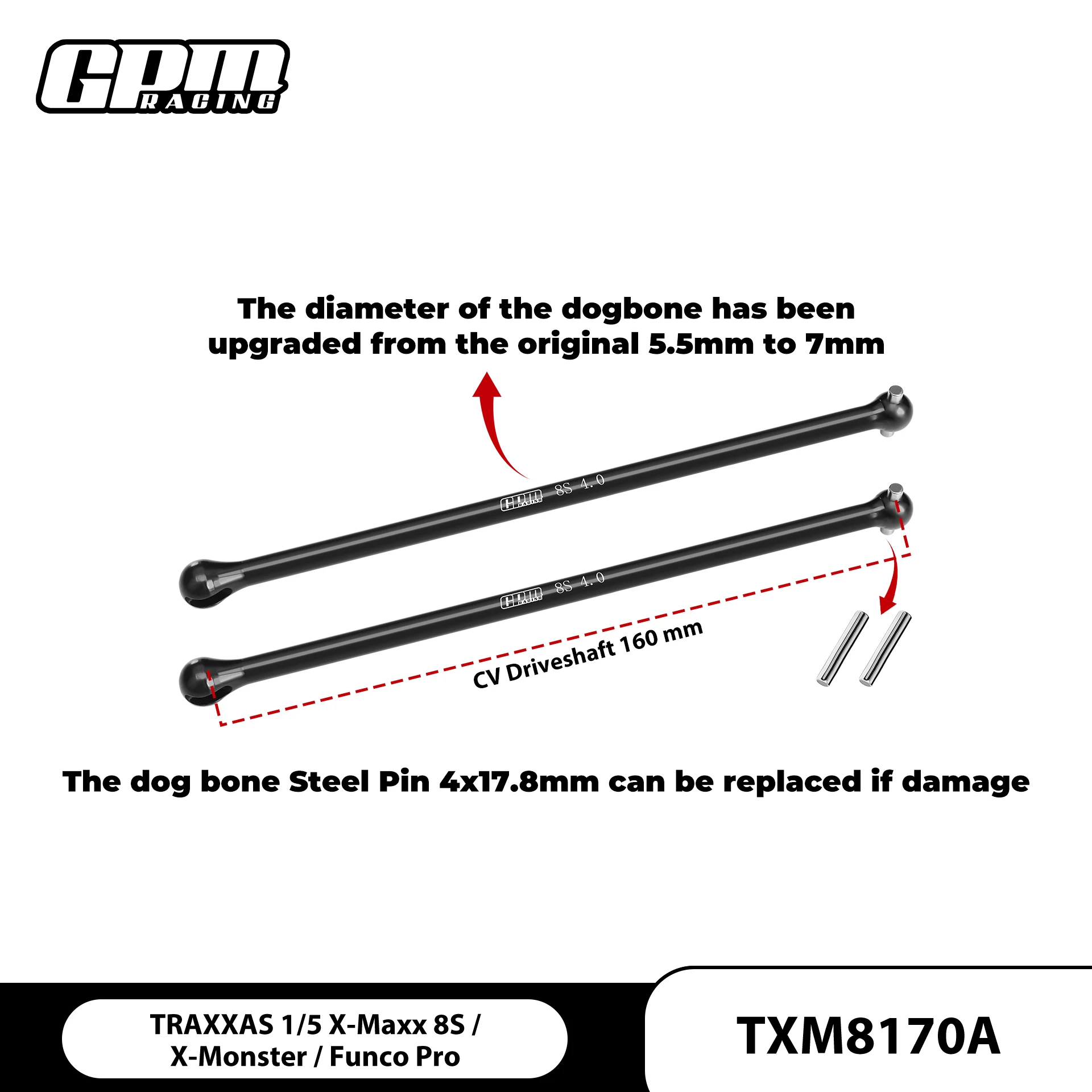 GPM Carbon Steel Dogbone Replaceable Pin TRAXXAS 1/5 X-Maxx 8S / Funco Sand 8S 109076-4