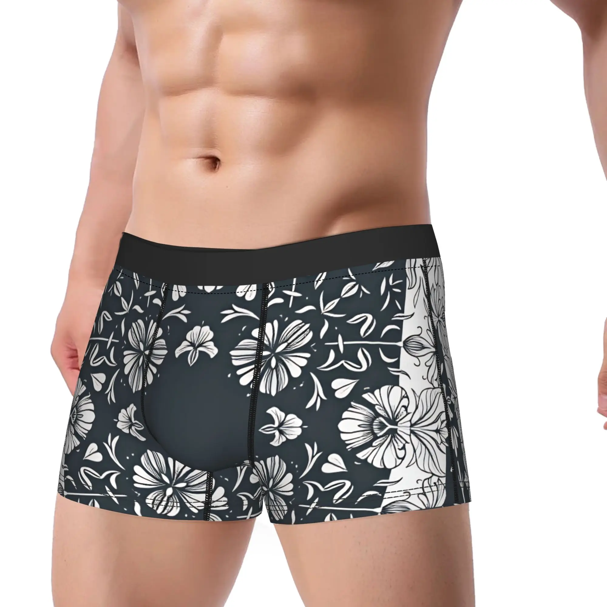 Minimal Floral Bandana Black White Shorts Briefs  Underwear High Quality Male Breathable Trunk Custom DIY Plus Size Panties