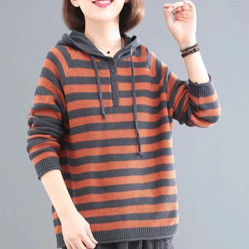 Striped Women's Hoodies Sweatshirts Knit Loose Essential Sport Long Sleeve Korean Popular Clothes Cheap Baggy Female Hooded Top
