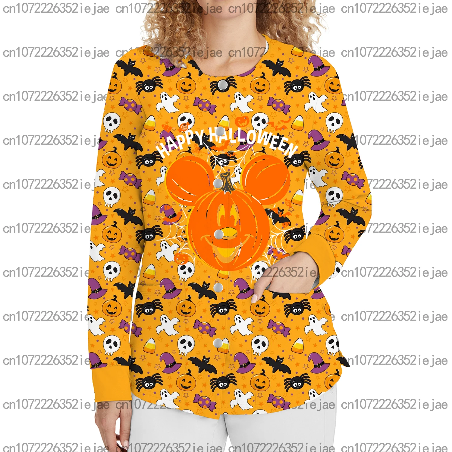 سترة جراحية طويلة جدًا للجنسين مطبوعة على شكل ميكي ماوس للهالوين، سترة طبية مقاس سترة علوية