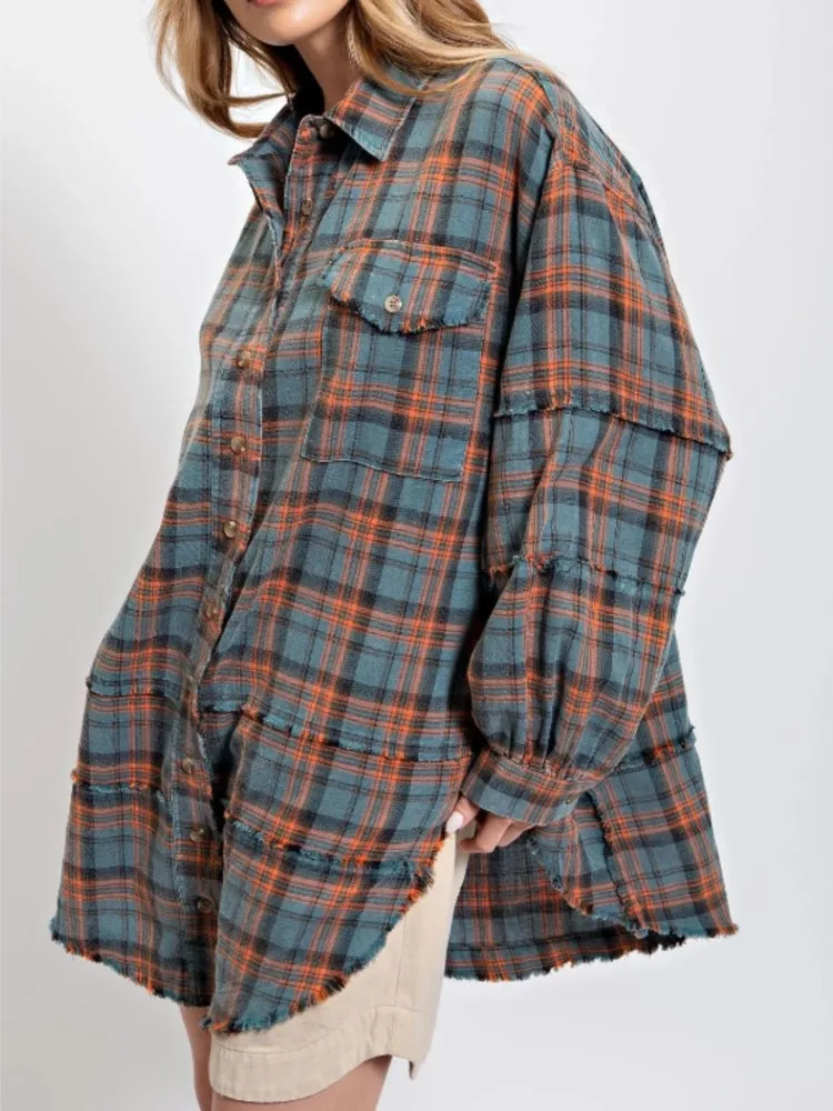 Spring Autumn New Checked Print Shirt For Women Casual Lapel Frayed Elegant Tops Fashion Lantern Sleeves Loose Women's Clothing