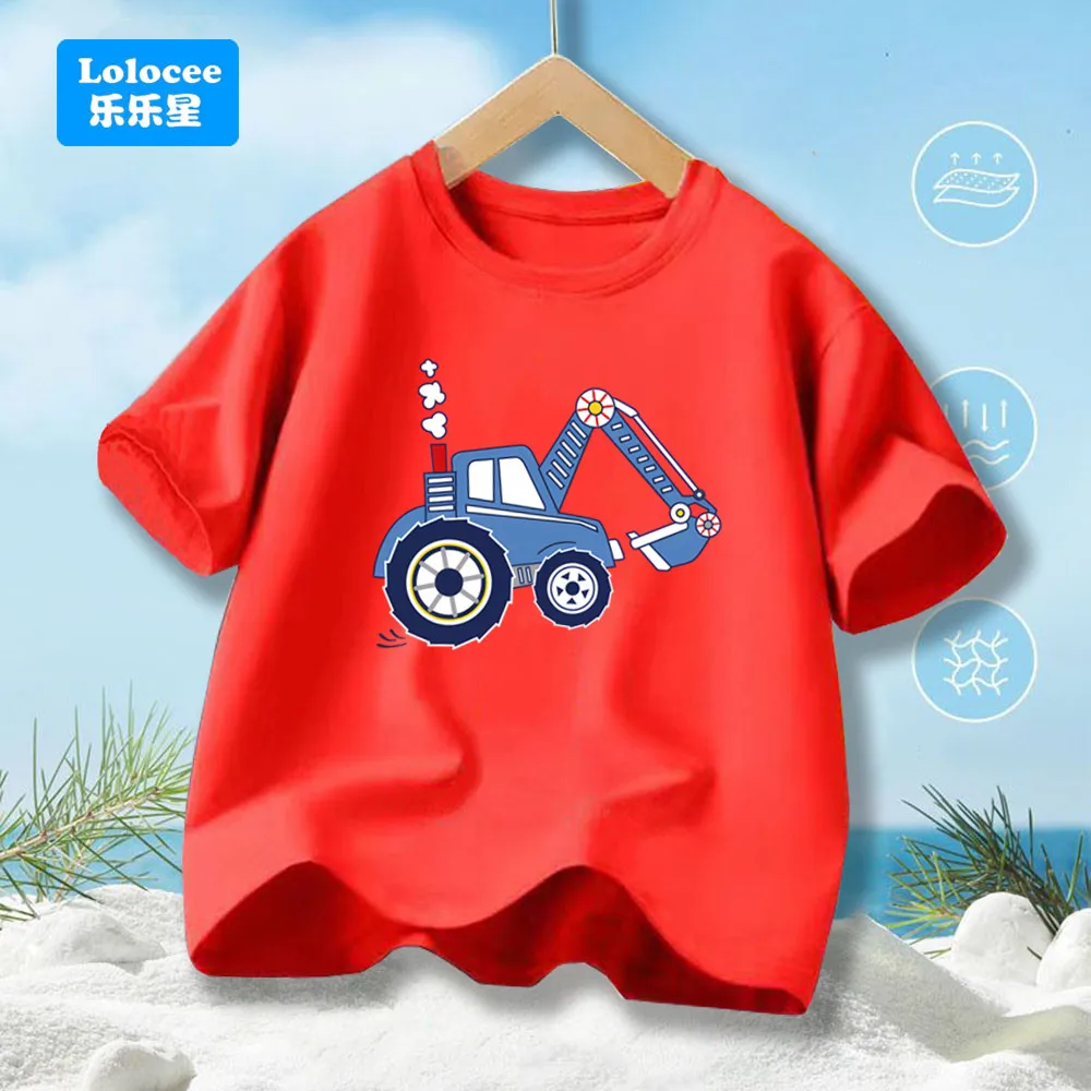 Boys Summer T-shirt Short Sleeve Cartoon Excavator Print Kids Casual Tops