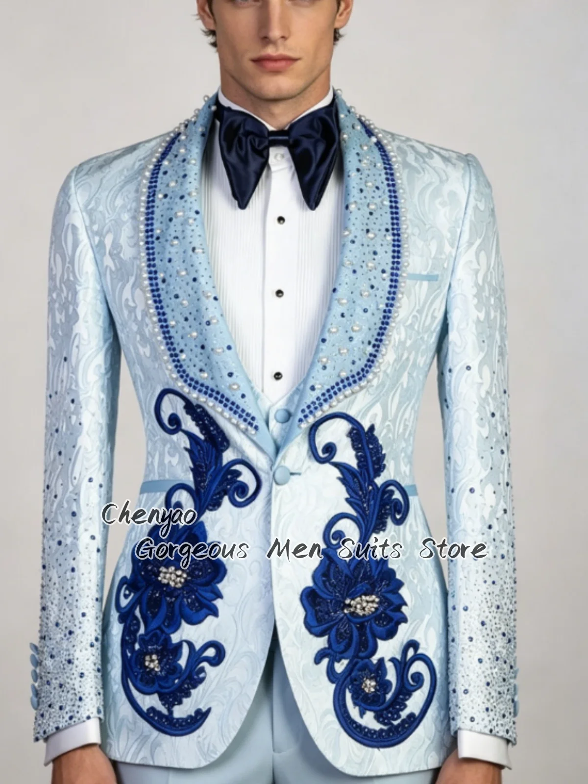 

Luxury Crystal Beaded Appliques Men Suit Custom Groom Tuxedo Party Male Blazer Elegant 3Pcs Set High-Quality Stylish ropa hombre