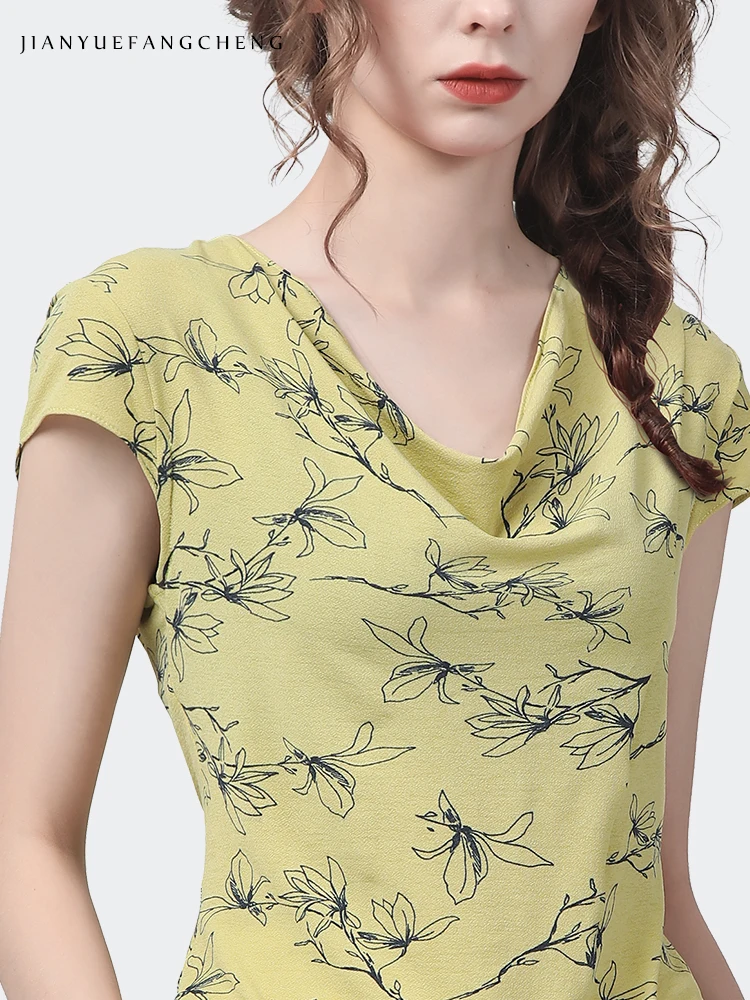 2022 Summer Women Yellow Thin Knitted Print Shirt Short Sleeve V-Neck Tops Chic Slim Female Retro Casual Working Tops And Blouse