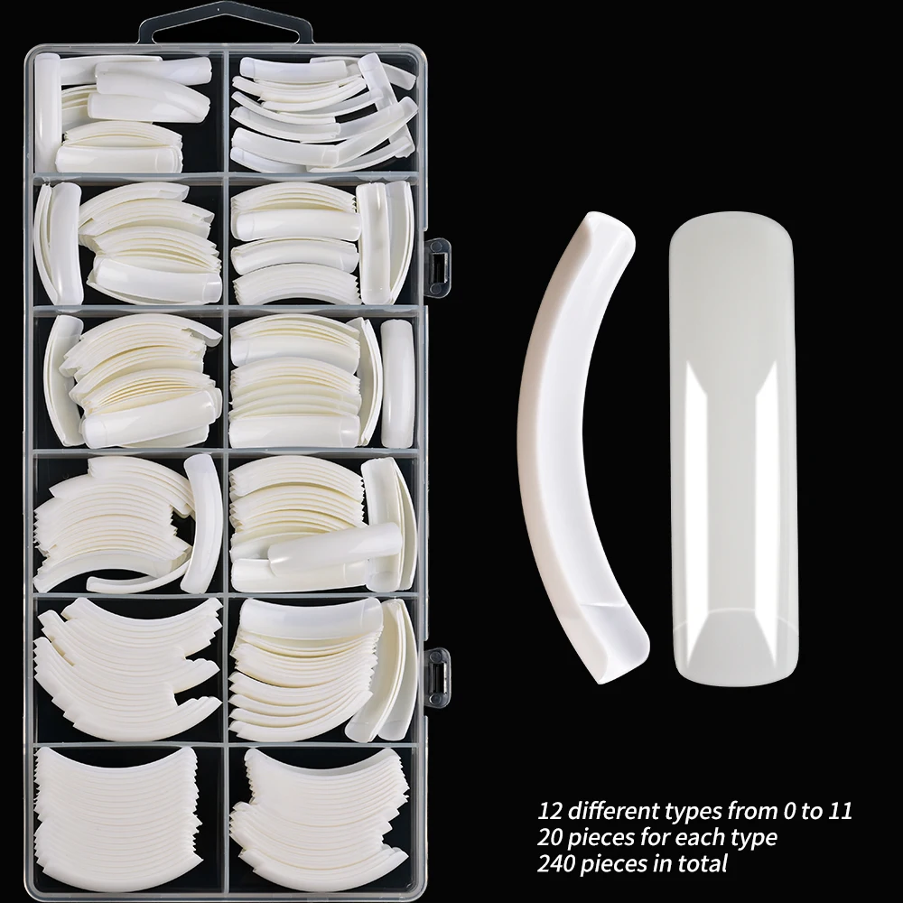 240Pcs Extra Long C-Curve Press-On Nail Tips Halfl Cover Square Hawk Curved White Fake Nail Bend Artificial Acrylic Fake Nail