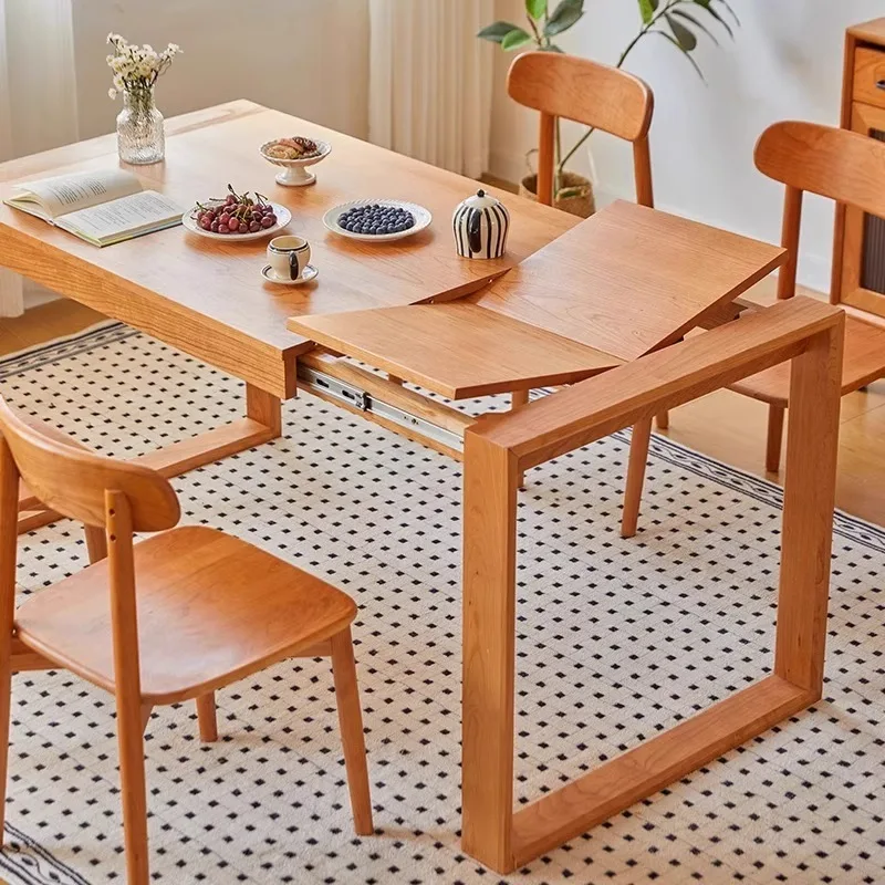 

Nordic solid wood retractable dining table cherry wood foldable large board table household Japanese log small apartment
