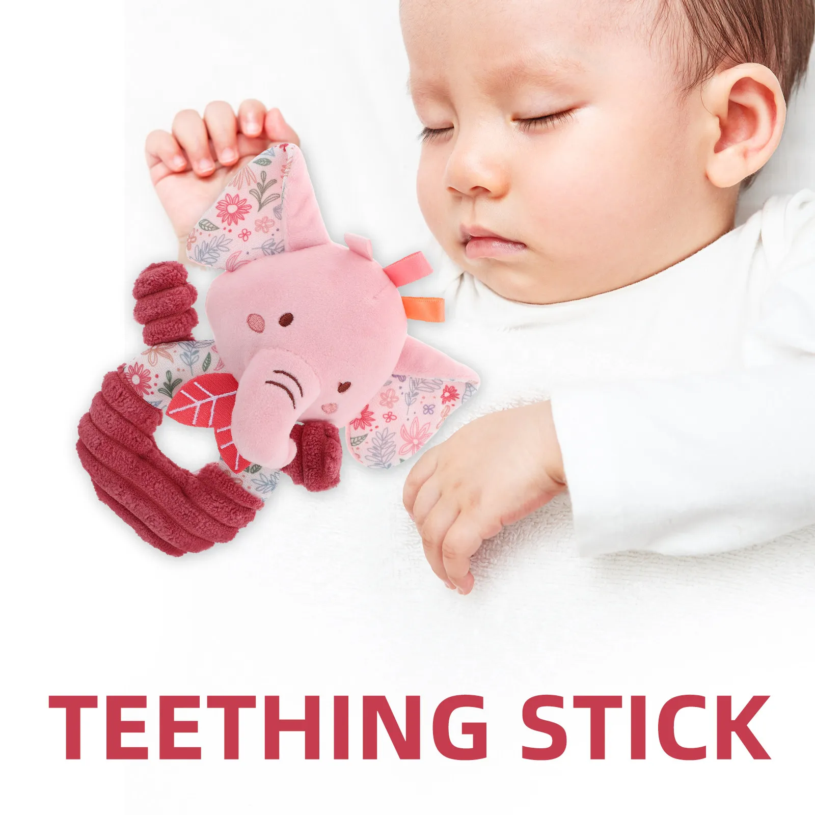 Zachte babyhand voor pasgeborenen Schattige olifantenring met ingebouwde rammelaar, knispergeluid Roze babyring Veilig, comfortabel pasgeboren kind
