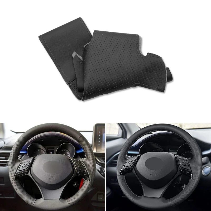 Black Line Perforated Leather Hand Sewing Steering Wheel Cover Trim For Toyota Izoa 2018 2019 C-HR CHR 2016 2017 2018 2019