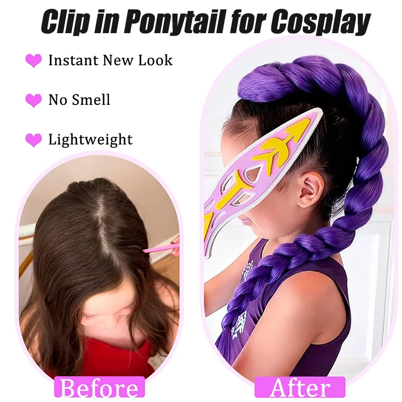Synthetic 26inch Long Braided Purple Hair Ponytail Rumi Costume Hairstyle Ponytail with Clips for Girls Kids Halloween Christmas image 4