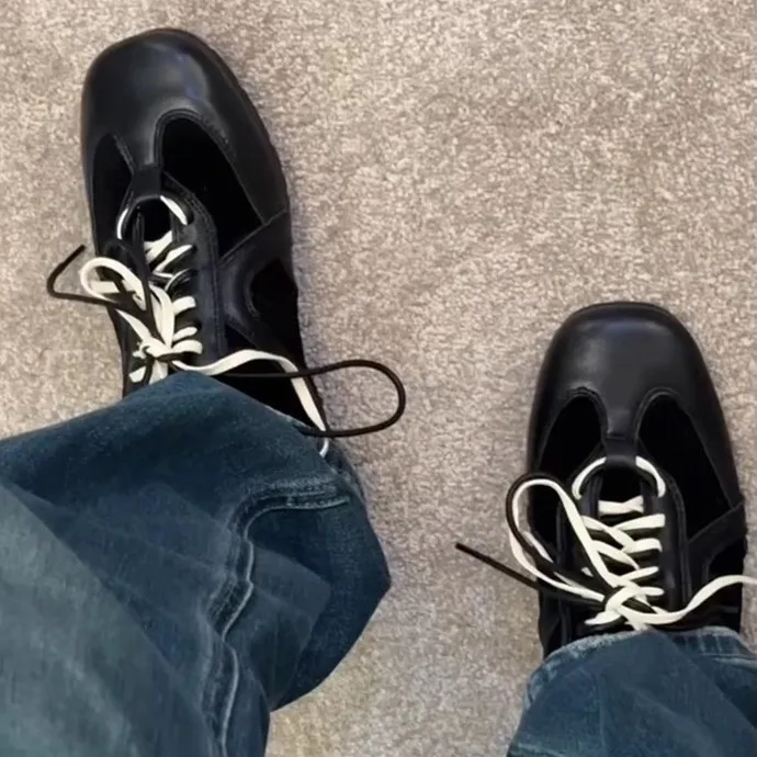 Cowhide Edition ~ Retro Black German-Style Lace-Up Sneakers with Built-in Heel Lift: Versatile Casual Sneakers