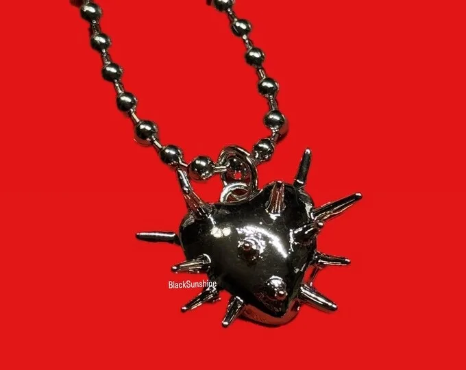 Spike Heart Charm Pendant Necklace Ball and Chain Metal Goth Gothic Necklace