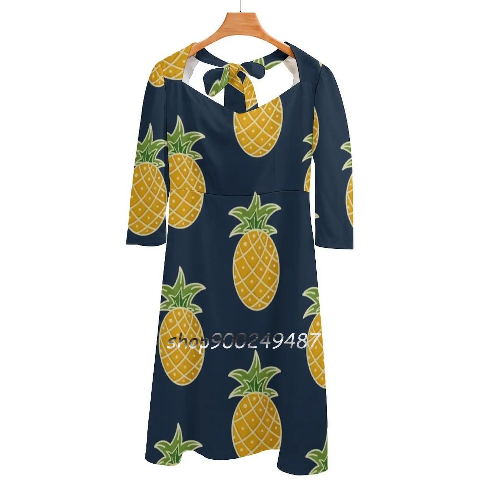 

Pineapple-Navy Square Neck Dress Cute Loose Print Dresses Elegant Beach Party Dress Ananas Beach Vibes Blue Botanical