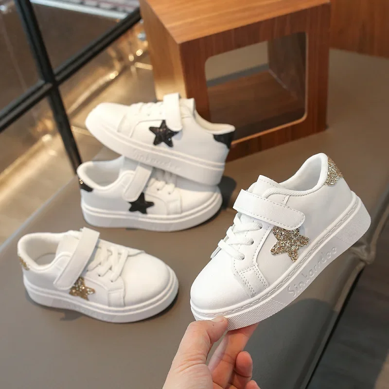 Black/gold Childrens Sports Shoes with Star Shaped Anti Slip Wear-resistant 2025 New Spring Autumn Outdoor PU Boys Casual Shoes