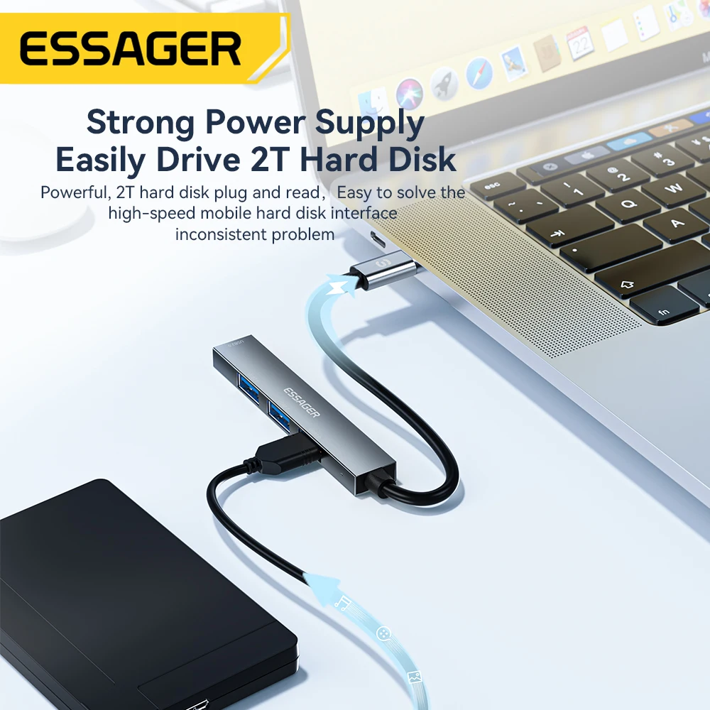 Essager 4 in 1 USB Hub to Type C USB 2.0 for Macbook Air Pro Laptop Dock Station Splitter