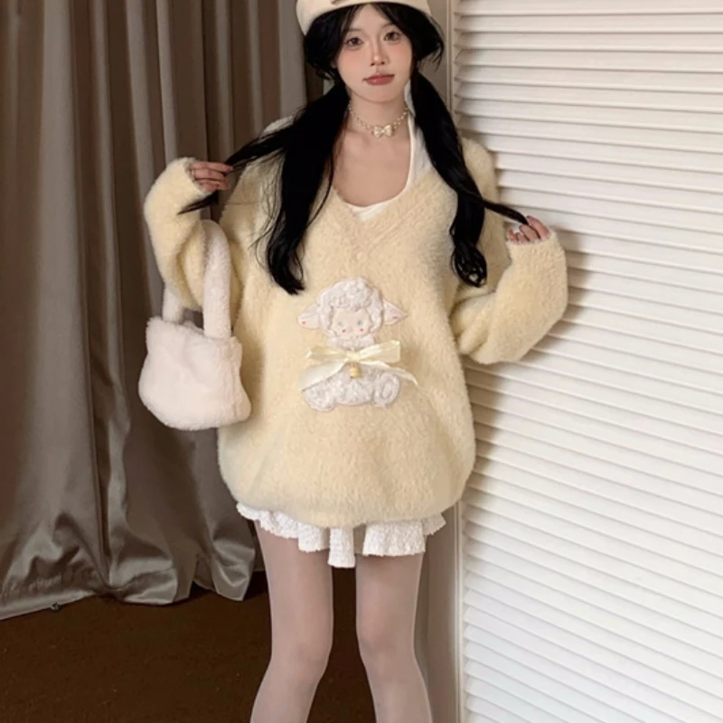 

Japanese Cute Cartoon Sheep Lolita Sweater Women Sweet V-Neck Yellow Knitted Pullovers Autumn Winter Korean Loose Knitwear Coat.