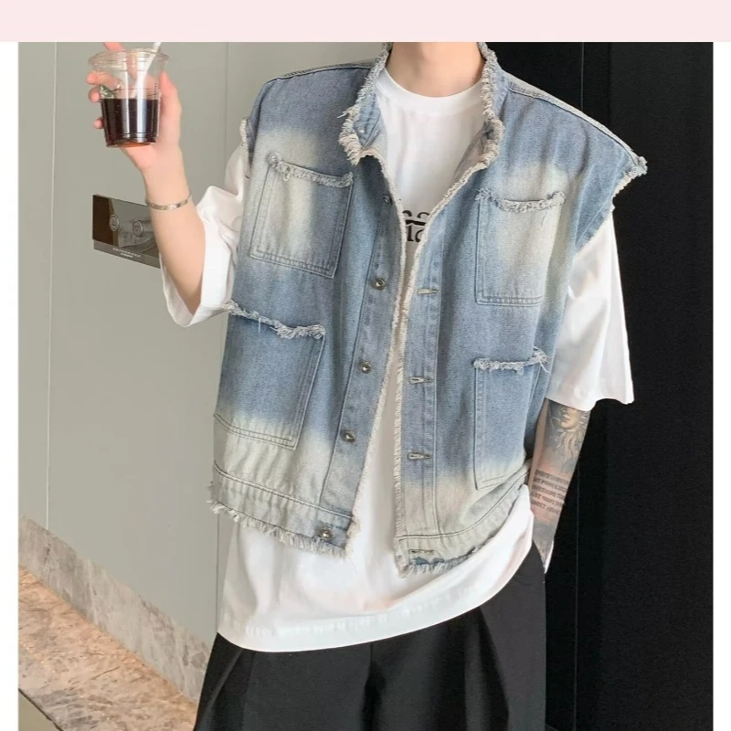 Trend Loose Casual Denim Vests for Men Multi-Pocket Ripped Sleeveless Fashion Comfortable Male Waistcoat Solid Color All-match