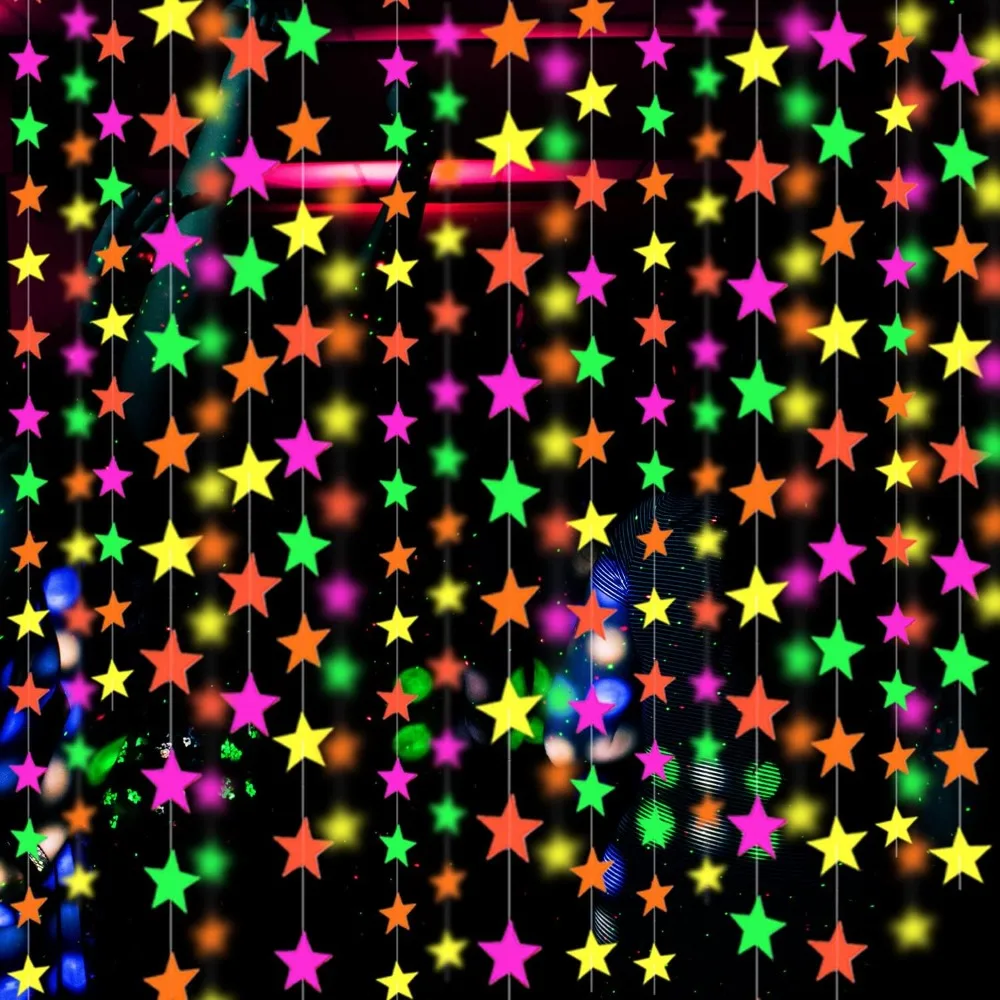 

110feet UV Star Paper Neon Garland Streamers Black Light Decorations for Dark Glow Party UV Reactive Party Favors Glow in The Da