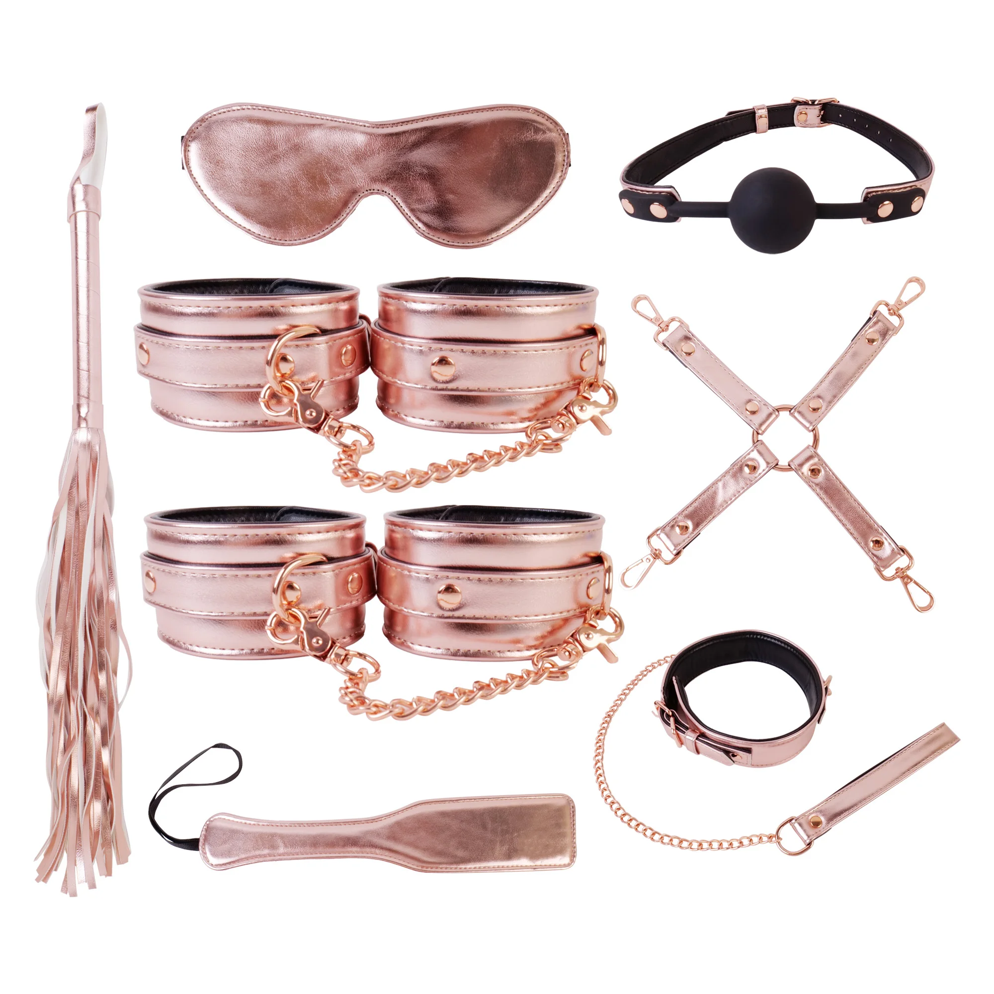 

8pcs Set BDSM Rose Gold Leather Erotic Adjusting Sex Toys Bondage Handcuffs,Ankle Cuffs,Eye Mask,Whip,Stopper Adult Fun Supplies